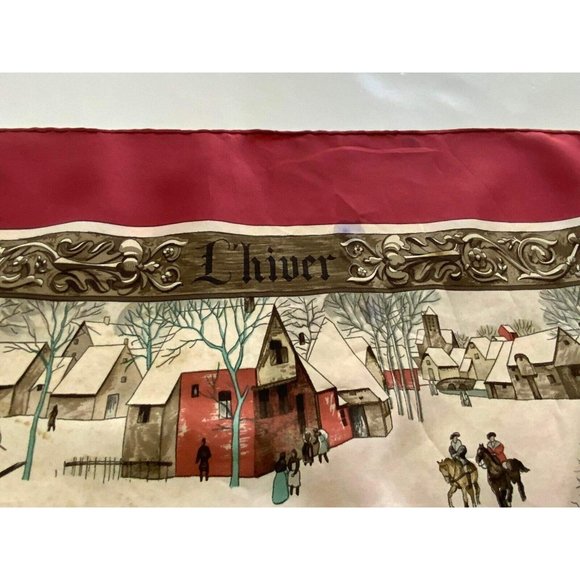 HERMÈS PARIS "L'hiver"By Ledoux Red Horses Snow Hunting Scarf SQR 34’’GD COND - Picture 3 of 9